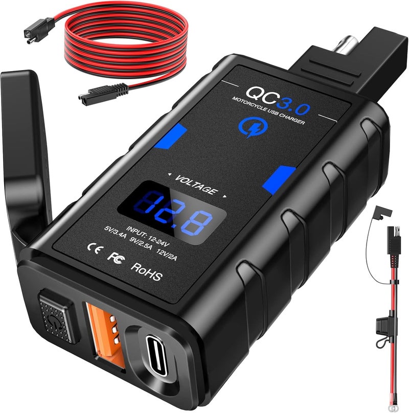 EXTRACTME Motorcycle USB Charger, Upgraded 6.4A Quick Charge 3.0 & Type C PD Dual Phone Charger with Voltmeter, Waterproof Motorcycle Accessories for Phone, Tablet, GPS, etc - Image 1